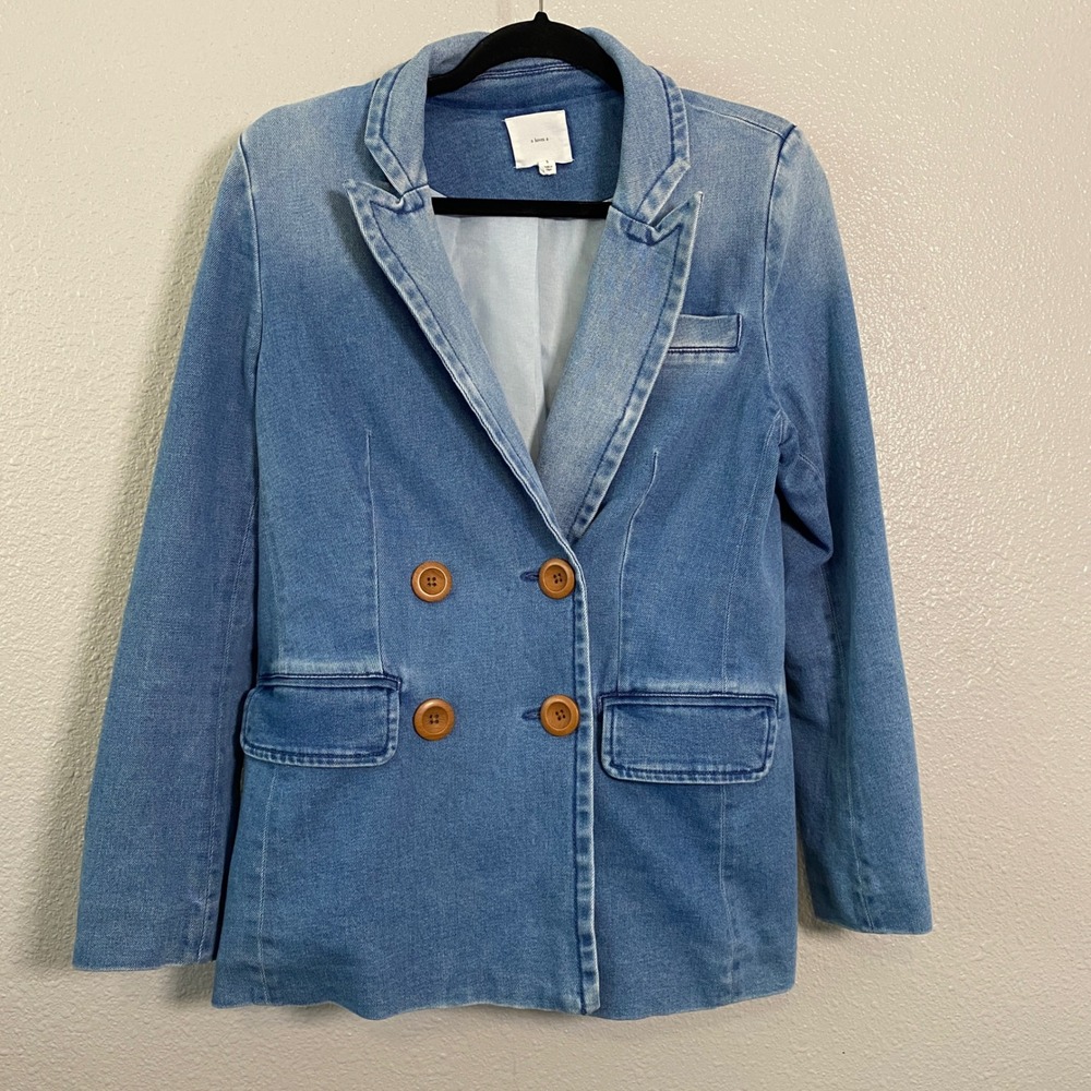 A Loves A Blue Denim Double Breasted Blazer Jacket Small Notch Collar Preppy